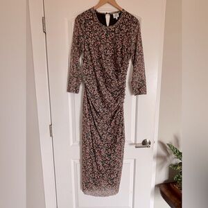 DrA Los Angeles (Anthropologie) mesh ruched floral dress w/slit. Size L. NWT